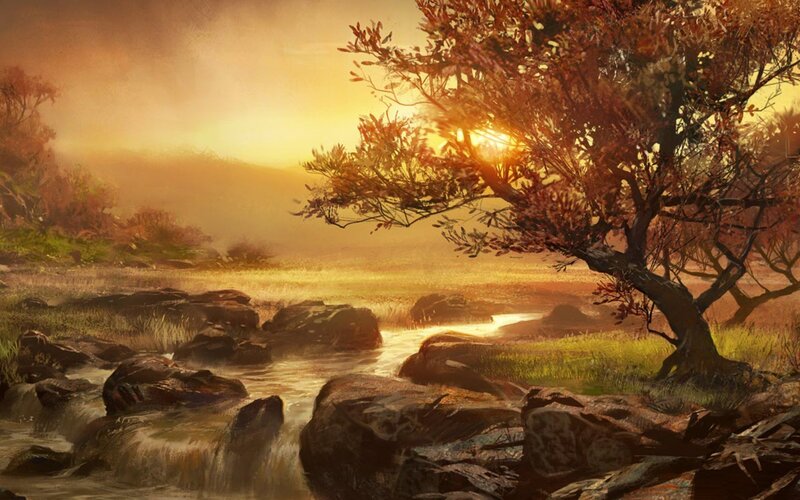 River Flowing Through Autumn Landscape — Gold