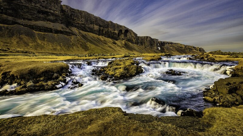 River Flowing Through Canyon — Blue, Dramatic, Afternoon, Photograph