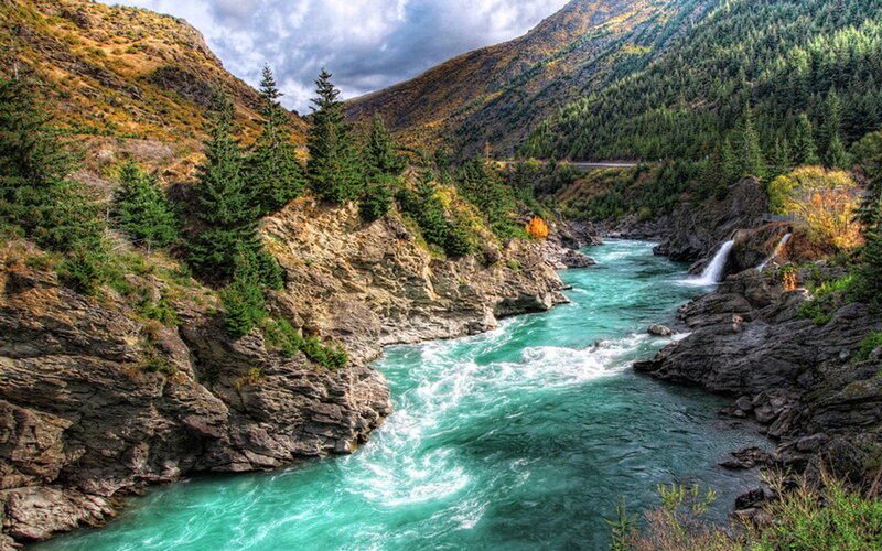 River Flowing Through Canyon — Blue, Dramatic, Autumn, Photograph, Mountains