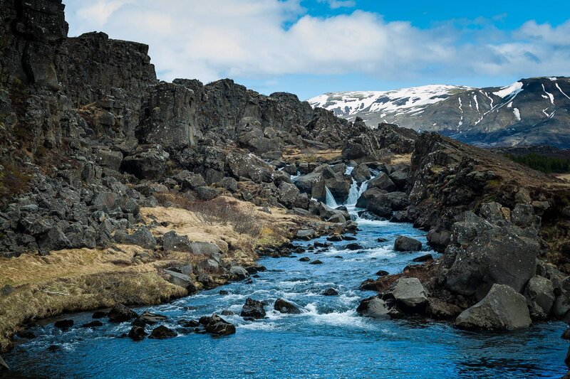 River Flowing Through Canyon — Blue, Dramatic, Spring