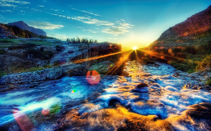 River Flowing Through Canyon — Blue, Dramatic, Sunset, Photograph, Mountain, Sun, Trees, Rocks