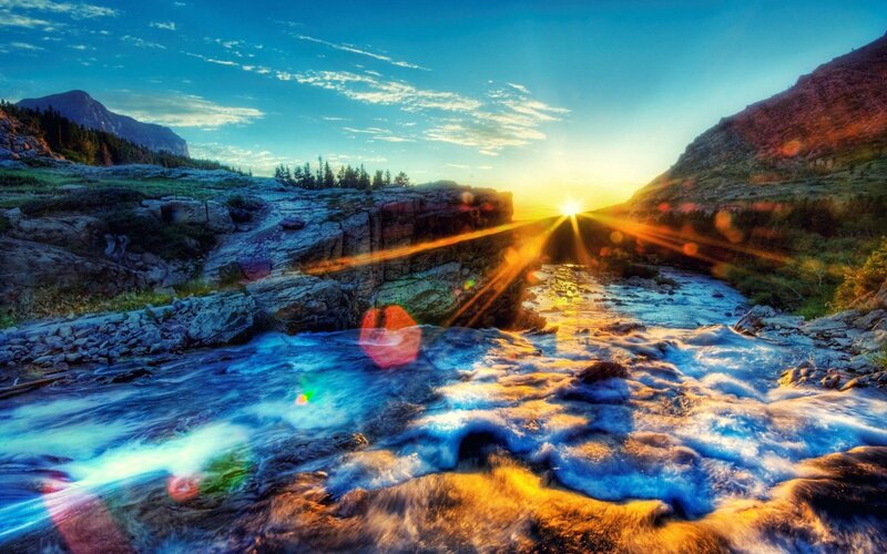 River Flowing Through Canyon — Blue, Dramatic, Sunset, Photograph, Mountain, Sun, Trees