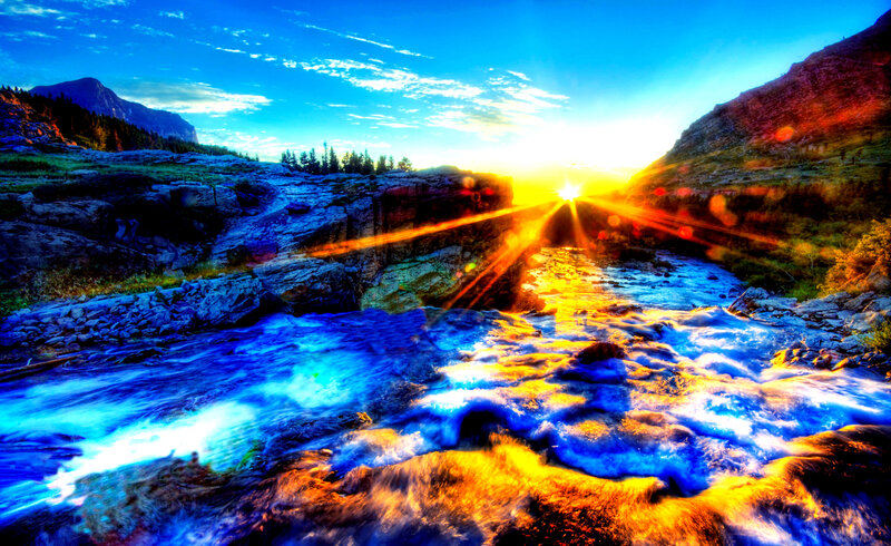 River Flowing Through Canyon — Blue, Dramatic, Sunset, Photograph, Mountain