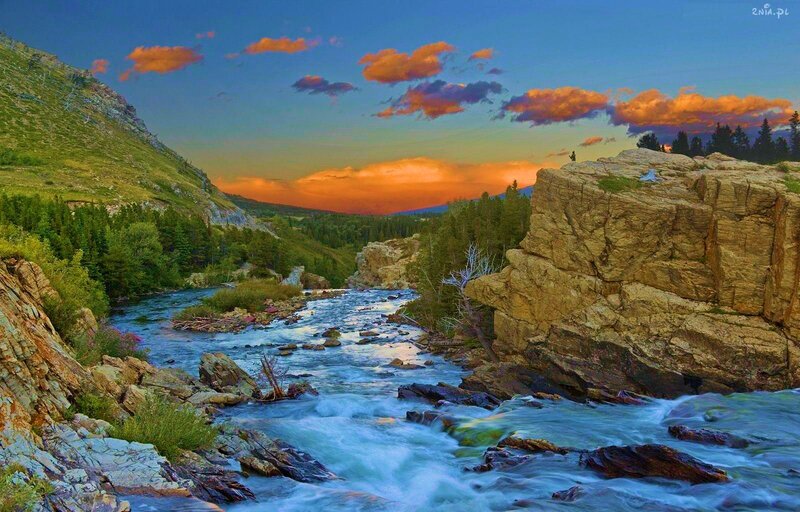River Flowing Through Canyon — Blue, Dramatic, Sunset, Photograph, Mountain, Trees, Clouds