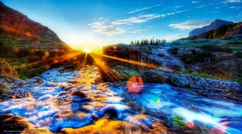 River Flowing Through Canyon — Blue, Dramatic, Sunset, Photograph, Mountains, Sun