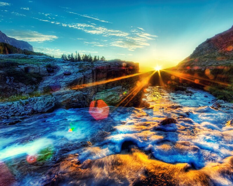 River Flowing Through Canyon — Blue, Dramatic, Sunset, Photograph, Mountains