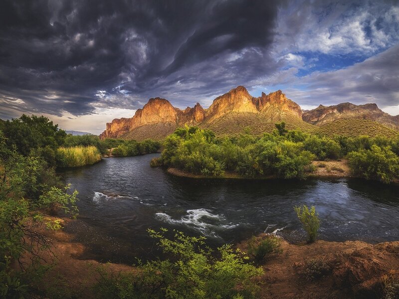 River Flowing Through Canyon — Blue, Dramatic, Sunset, Photograph, Mountains, Trees