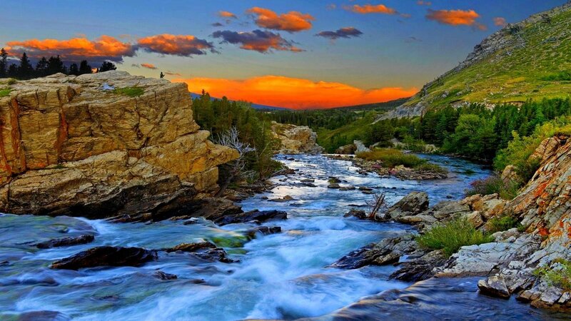 River Flowing Through Canyon — Blue, Dramatic, Sunset, Photograph, Rocks