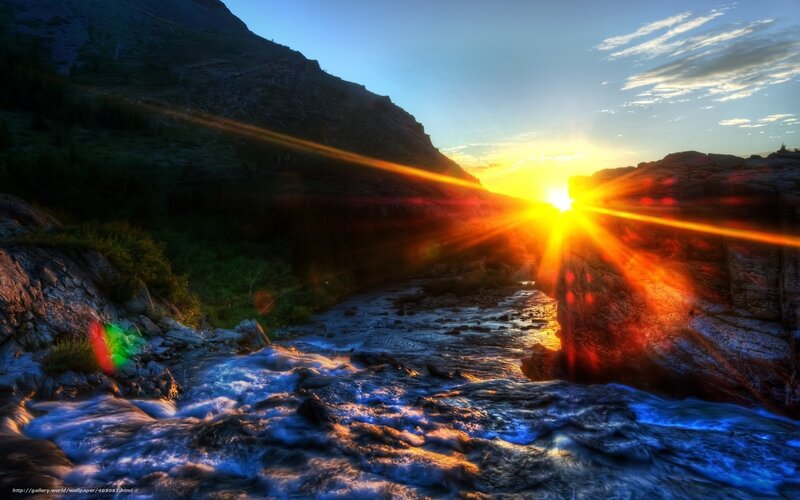 River Flowing Through Canyon — Blue, Dramatic, Sunset, Photograph, Sun, Mountain, Rocks