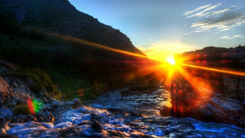 River Flowing Through Canyon — Blue, Dramatic, Sunset, Photograph, Sun, Mountain, Stream