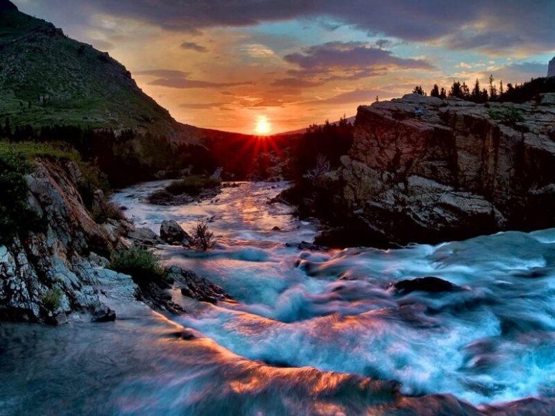 River Flowing Through Canyon — Blue, Dramatic, Sunset, Photograph, Sun, Mountain