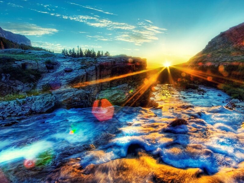 River Flowing Through Canyon — Blue, Dramatic, Sunset, Photograph, Sun, Mountains
