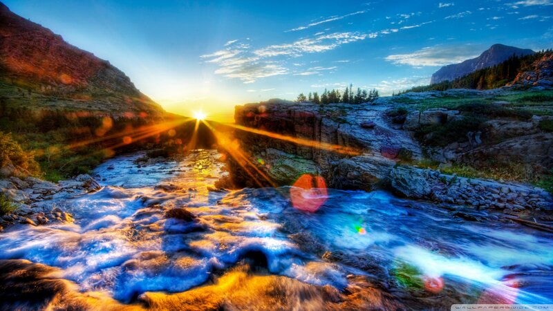 River Flowing Through Canyon — Blue, Dramatic, Sunset, Photograph, Sun, Mountains, Trees