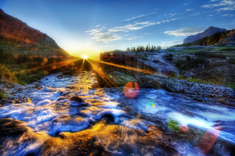 River Flowing Through Canyon — Blue, Dramatic, Sunset, Photograph, Sun
