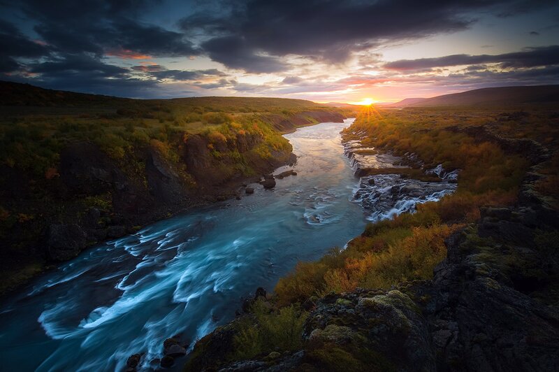 River Flowing Through Canyon — Blue, Dramatic, Sunset, Photograph, Sunrise