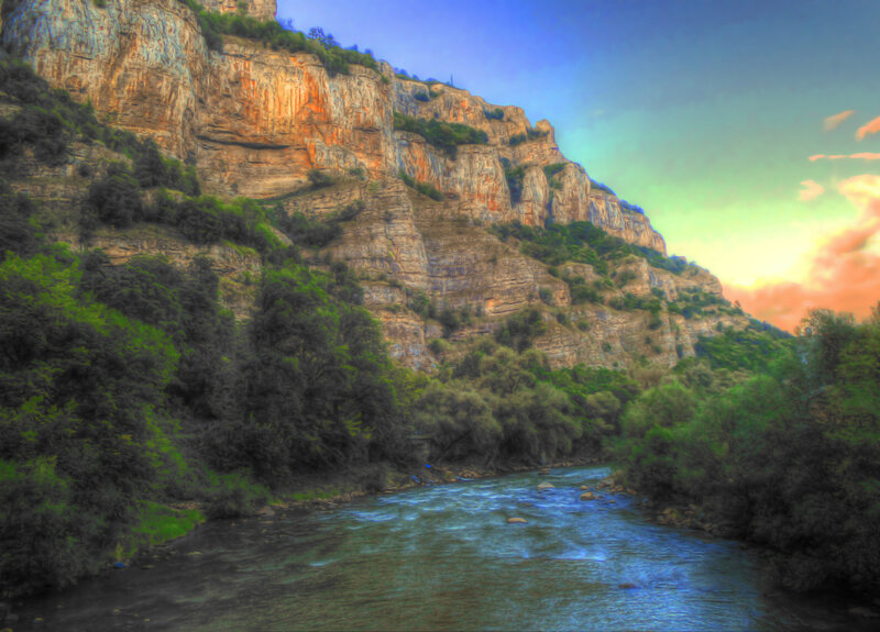 River Flowing Through Canyon — Blue, Dramatic, Sunset, Photograph, Trees