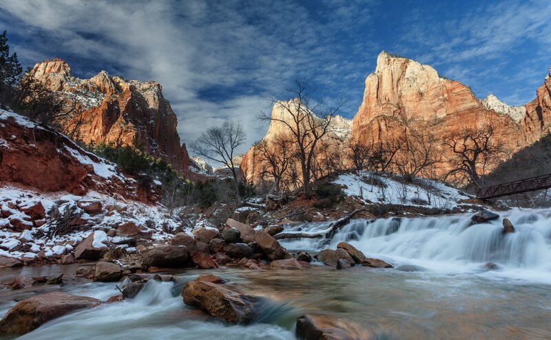 River Flowing Through Canyon — Blue, Dramatic, Winter, Photograph, Trees