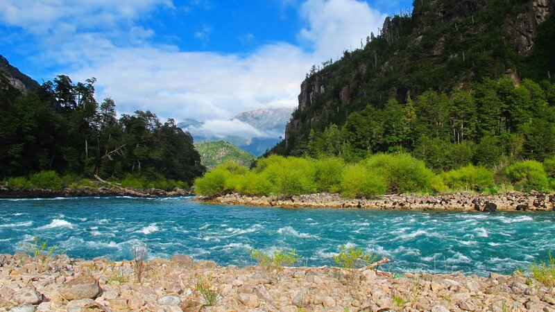 River Flowing Through Canyon — Blue, Serene, Afternoon, Photograph, Mountains, Trees, Sky, Green
