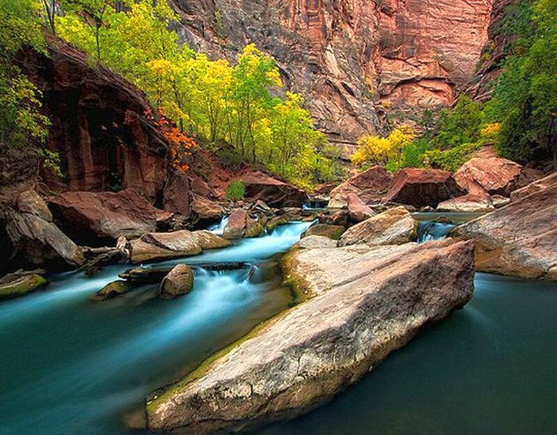River Flowing Through Canyon — Blue, Serene, Autumn