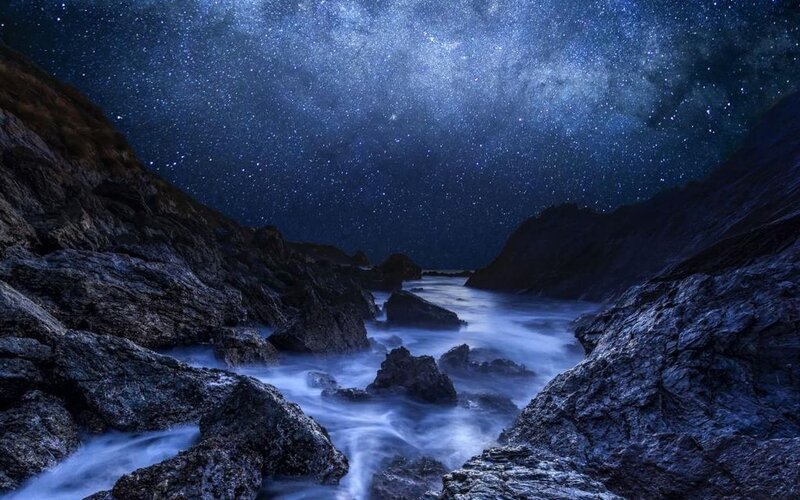 River Flowing Through Canyon — Blue, Serene, Night