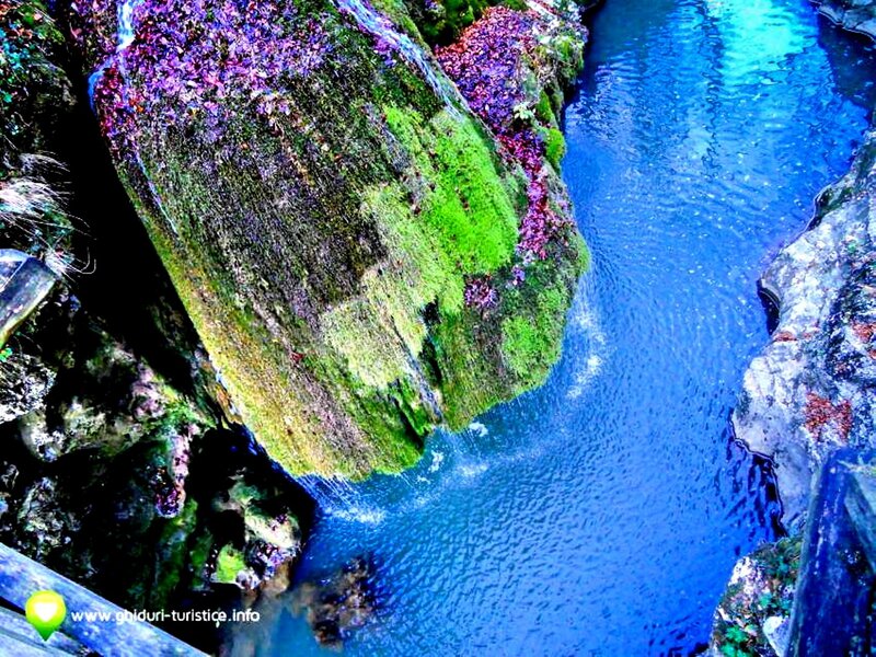 River Flowing Through Canyon — Blue, Serene, Photograph, Rocks, Moss