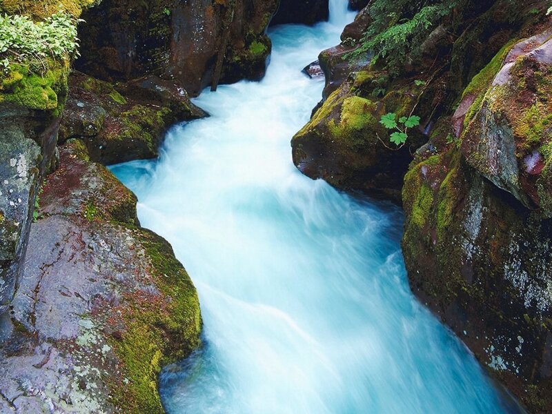 River Flowing Through Canyon — Blue, Serene, Photograph