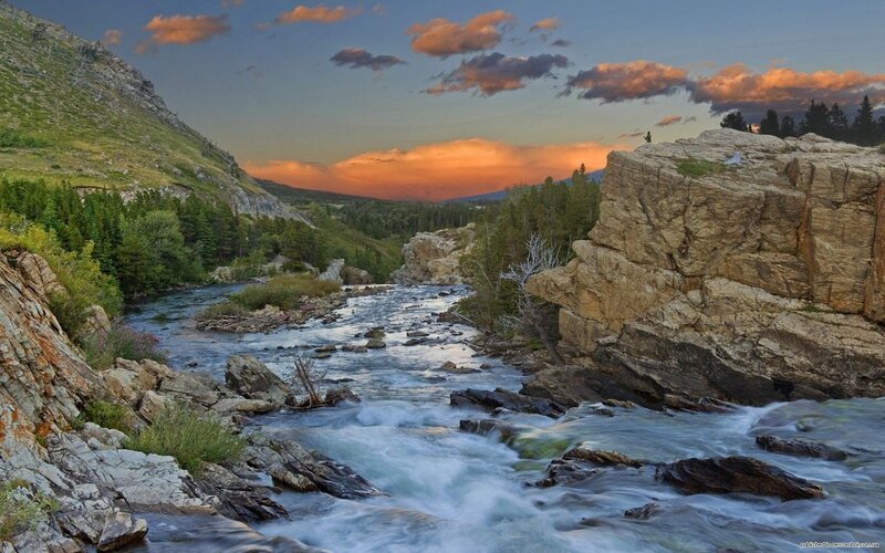 River Flowing Through Canyon — Blue, Serene, Sunset, Photograph, Mountain, Trees