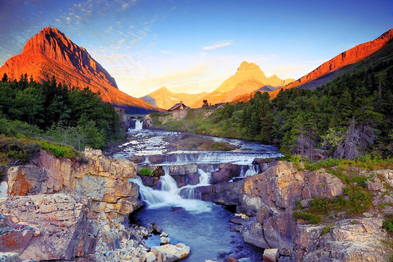River Flowing Through Canyon — Blue, Serene, Sunset, Photograph, Mountains, Forest