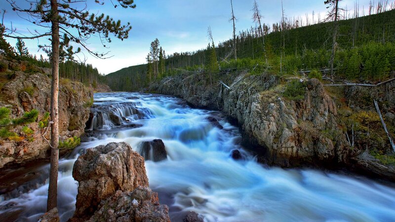 River Flowing Through Canyon — Blue, Serene, Sunset, Photograph, Trees