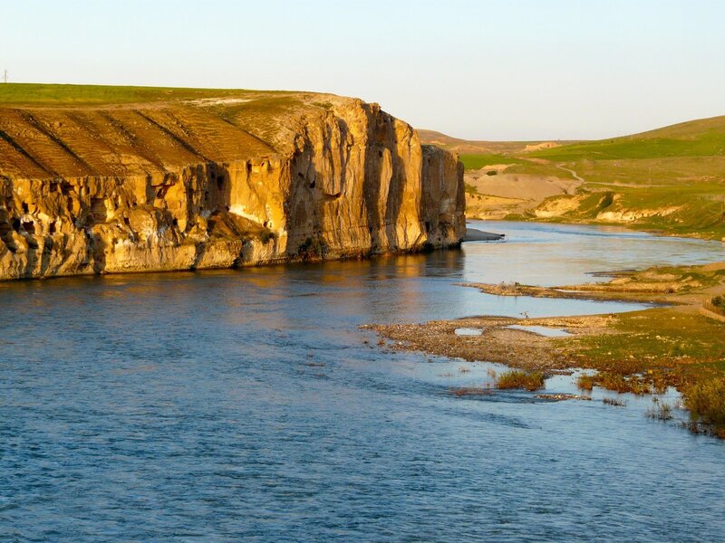 River Flowing Through Canyon — Blue, Serene, Sunset