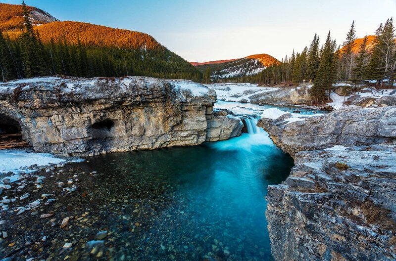 River Flowing Through Canyon — Blue, Serene, Winter, Photograph