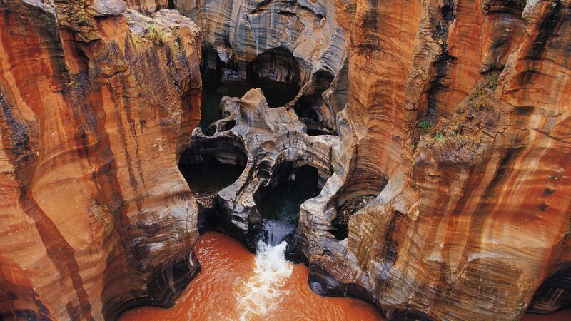 River Flowing Through Canyon — Brown, Dramatic, Photograph, Rock
