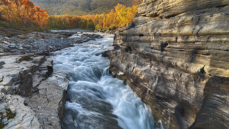 River Flowing Through Canyon — Brown, Serene, Autumn