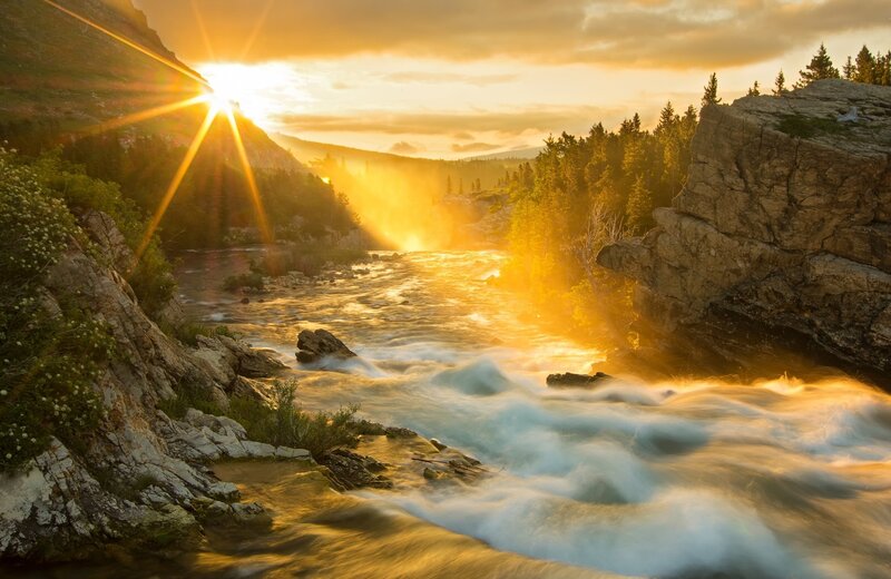 River Flowing Through Canyon — Gold, Dramatic, Sunset, Photograph