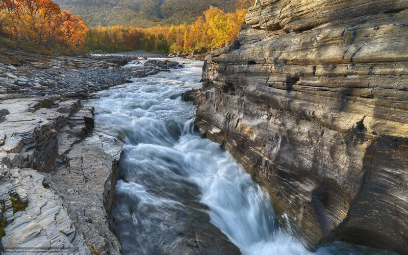 River Flowing Through Canyon — Gray, Dramatic, Autumn, Photograph