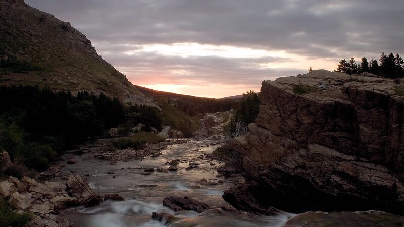 River Flowing Through Canyon — Gray, Serene, Sunset