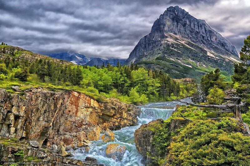 River Flowing Through Canyon — Green, Dramatic, Afternoon, Photograph, Mountain, Forest