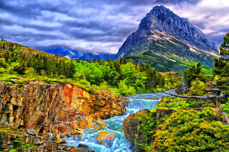 River Flowing Through Canyon — Green, Dramatic, Afternoon, Photograph, Mountain