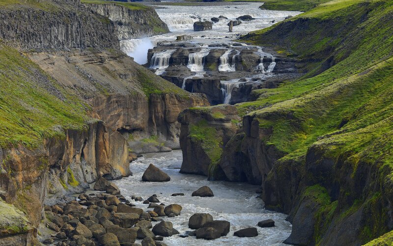 River Flowing Through Canyon — Green, Dramatic, Afternoon, Photograph, Waterfall, Rocks
