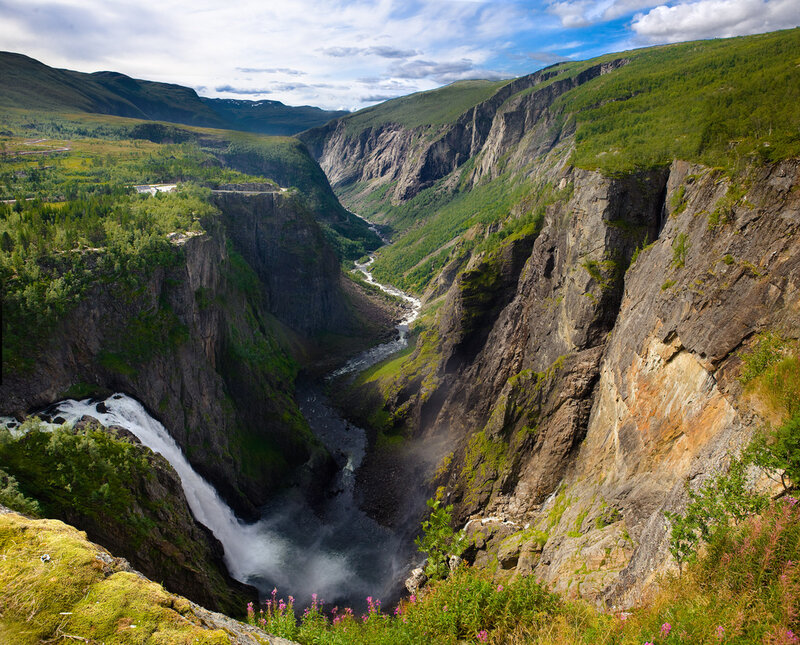 River Flowing Through Canyon — Green, Dramatic, Afternoon, Photograph, Waterfall