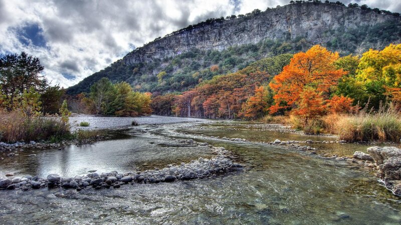 River Flowing Through Canyon — Green, Dramatic, Autumn, Photograph, Trees