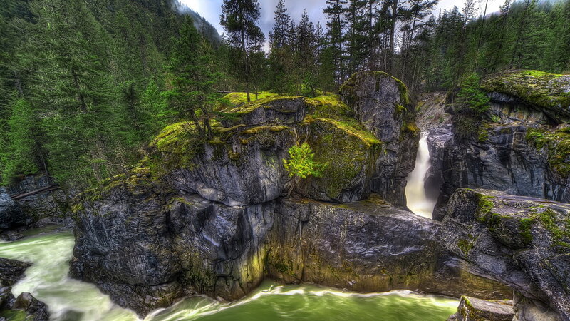 River Flowing Through Canyon — Green, Dramatic, Photograph, Trees, Rocks