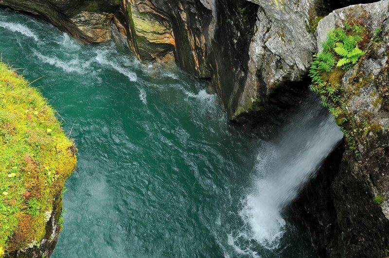 River Flowing Through Canyon — Green, Dramatic, Photograph, Waterfall, Moss