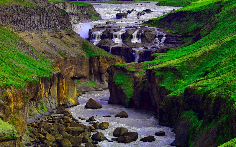River Flowing Through Canyon — Green, Dramatic, Photograph, Waterfall