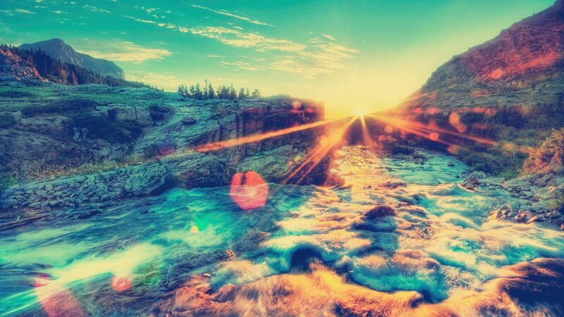 River Flowing Through Canyon — Green, Dramatic, Sunset, Photograph