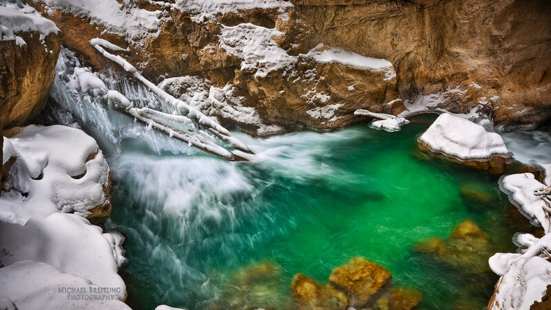 River Flowing Through Canyon — Green, Dramatic, Winter