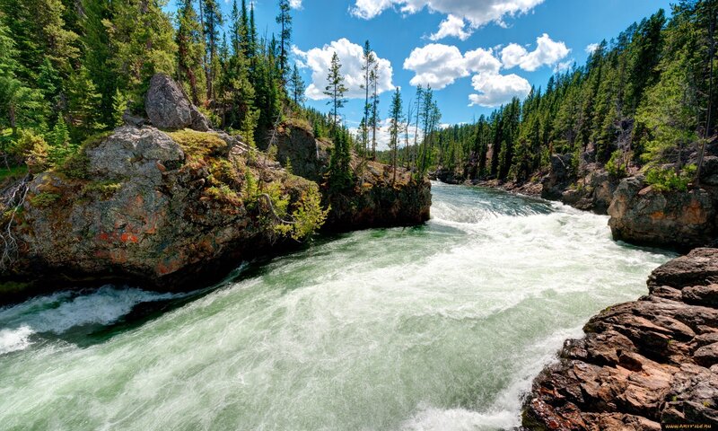 River Flowing Through Canyon — Green, Natural, Afternoon, Photograph, Trees, Rocks, Sky