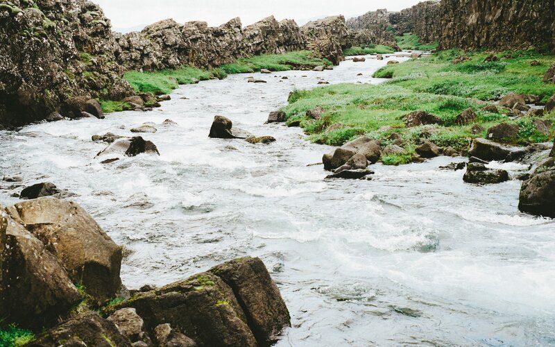 River Flowing Through Canyon — Green, Natural, Photograph, Rocks