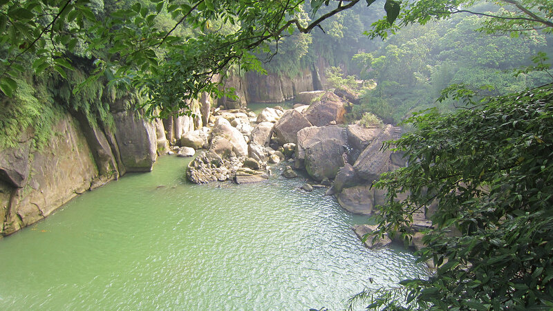 River Flowing Through Canyon — Green, Serene, Afternoon, Photograph, Rocks, Trees, Water
