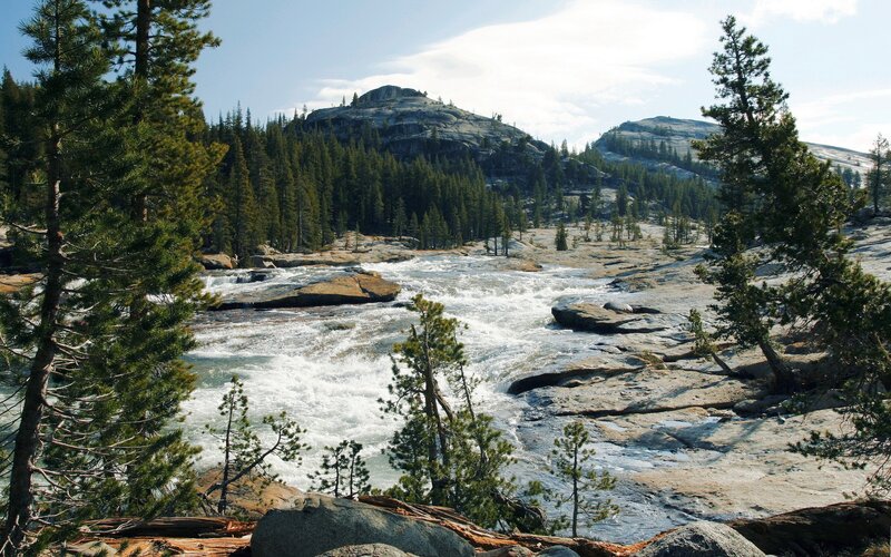 River Flowing Through Canyon — Green, Serene, Afternoon, Photograph, Trees, Rocks, Mountain